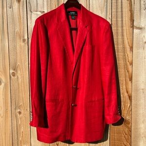 VTG Lauren Ralph Lauren Red 100% Linen Blazer SILVER Buttons Single Breasted 16w